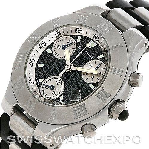 This is a close-up angle showing the dial, bezel, and part of the bracelet of the Cartier Must 21 Chronoscaph W10125U2 Men
s Stainless Steel Black Dial W10125U2 Men
s Stainless Steel Black Dial watch.