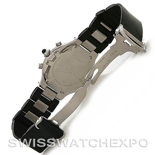 The image shows the back and inside clasp of the Cartier Must 21 Chronoscaph W10125U2 Men
s Stainless Steel Black Dial W10125U2 Men
s Stainless Steel Black Dial watch, showcasing the closed deployment clasp and the back of the watch case.