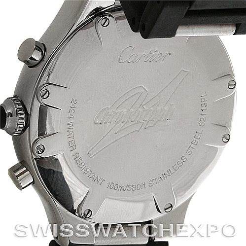 The image shows the back case of the Cartier Must 21 Chronoscaph W10125U2 Men
s Stainless Steel Black Dial W10125U2 Men
s Stainless Steel Black Dial watch, highlighting the engravings and water resistance details.
