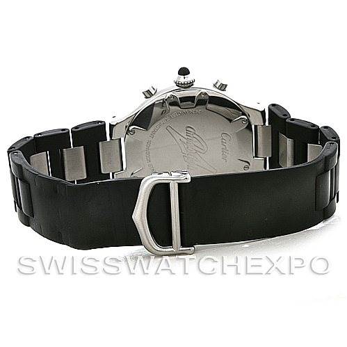 The image shows a rear view of the Cartier Must 21 Chronoscaph W10125U2 Men
s Stainless Steel Black Dial W10125U2 Men
s Stainless Steel Black Dial watch, focusing on the case back and part of the bracelet.