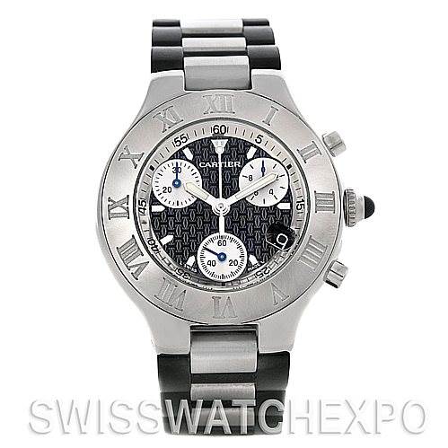 This image shows a front view of the Cartier Must 21 Chronoscaph W10125U2 Men
s Stainless Steel Black Dial W10125U2 Men
s Stainless Steel Black Dial watch, highlighting the dial, bezel, and part of the bracelet.