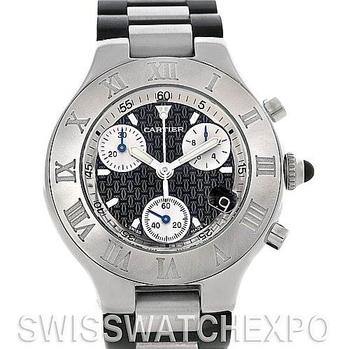 The image shows a Cartier Must 21 Chronoscaph W10125U2 Men
s Stainless Steel Black Dial W10125U2 Men
s Stainless Steel Black Dial watch from the front, featuring its face, bezel, and crown.