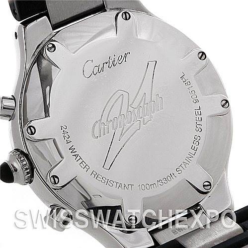 This image shows the stainless steel case back of the Cartier Must 21 Chronoscaph W10125U2 Men
s Stainless Steel Black Dial W10125U2 Men
s Stainless Steel Black Dial watch, displaying the brand and model engravings.