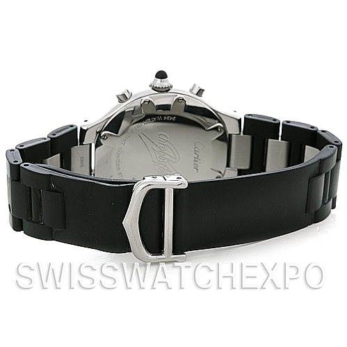 The image shows the back and bracelet of a Cartier Must 21 Chronoscaph W10125U2 Men
s Stainless Steel Black Dial W10125U2 Men
s Stainless Steel Black Dial watch, with the strap and clasp fully visible.