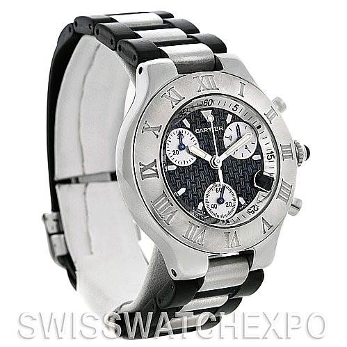 The image shows a Cartier Must 21 Chronoscaph W10125U2 Men
s Stainless Steel Black Dial W10125U2 Men
s Stainless Steel Black Dial watch at an angled view, highlighting the bezel, dial, chronograph sub-dials, and part of the bracelet.