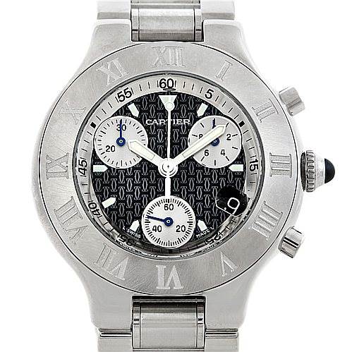 The Cartier Must 21 Chronoscaph W10172T2 Men
s Stainless Steel Black Dial W10172T2 Men
s Stainless Steel Black Dial watch is shown in a front angle, displaying its dial, bezel, push buttons, and part of the bracelet.