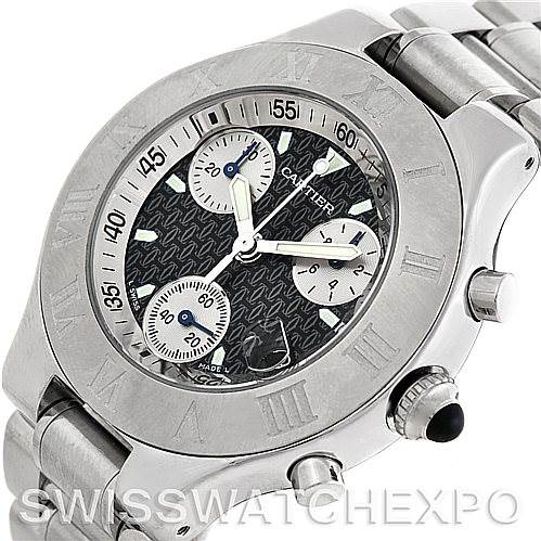 The image shows a close-up of the dial and case of a Must 21 Chronoscaph model by Cartier from an angled top-down perspective.