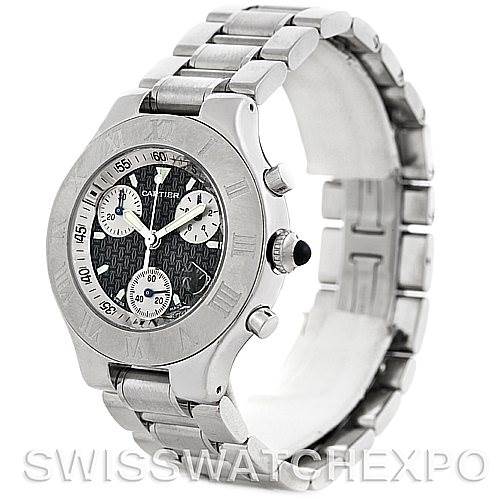 The image shows a Cartier Must 21 Chronoscaph W10172T2 Men
s Stainless Steel Black Dial W10172T2 Men
s Stainless Steel Black Dial watch, angled to display its face, bezel, chronograph dials, and metal bracelet.