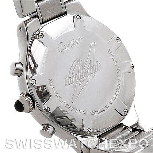 The image shows the back of a Cartier Must 21 Chronoscaph W10172T2 Men
s Stainless Steel Black Dial W10172T2 Men
s Stainless Steel Black Dial watch, highlighting the case back, buttons, and part of the bracelet.