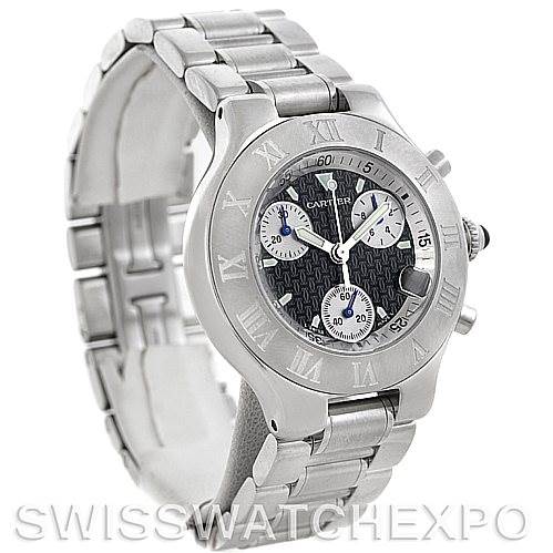 This image shows a Cartier Must 21 Chronoscaph W10172T2 Men
s Stainless Steel Black Dial W10172T2 Men
s Stainless Steel Black Dial watch angled to display the face, crown, and part of the bracelet.