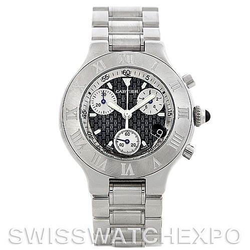 The image shows a front view of the Cartier Must 21 Chronoscaph W10172T2 Men
s Stainless Steel Black Dial W10172T2 Men
s Stainless Steel Black Dial watch, highlighting its face, bezel, and stainless steel bracelet.