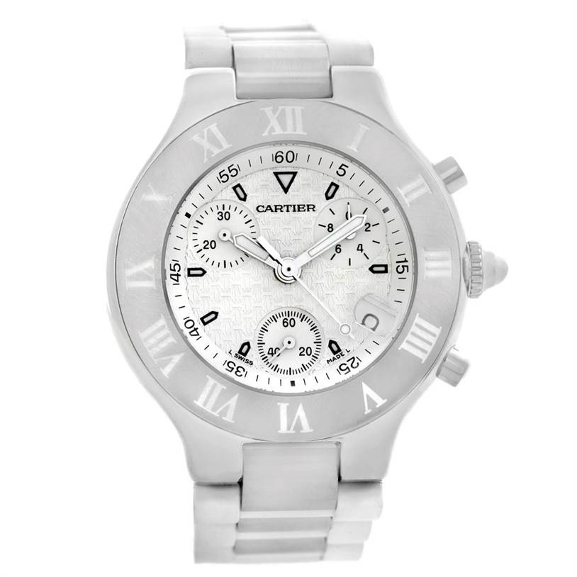 The image shows a front view of the Cartier Must 21 Chronoscaph W10184U2 Men's Stainless Steel White Dial W10184U2 Men's Stainless Steel White Dial watch, showcasing its dial, bezel, and bracelet.