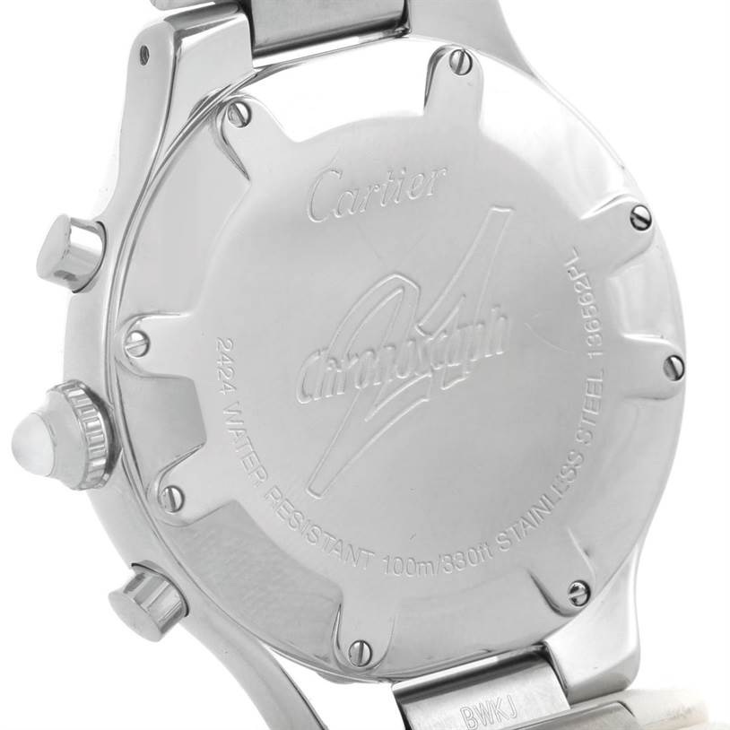 The image shows the back case and side buttons of the Cartier Must 21 Chronoscaph W10184U2 Men's Stainless Steel White Dial W10184U2 Men's Stainless Steel White Dial watch from an angled rear view.