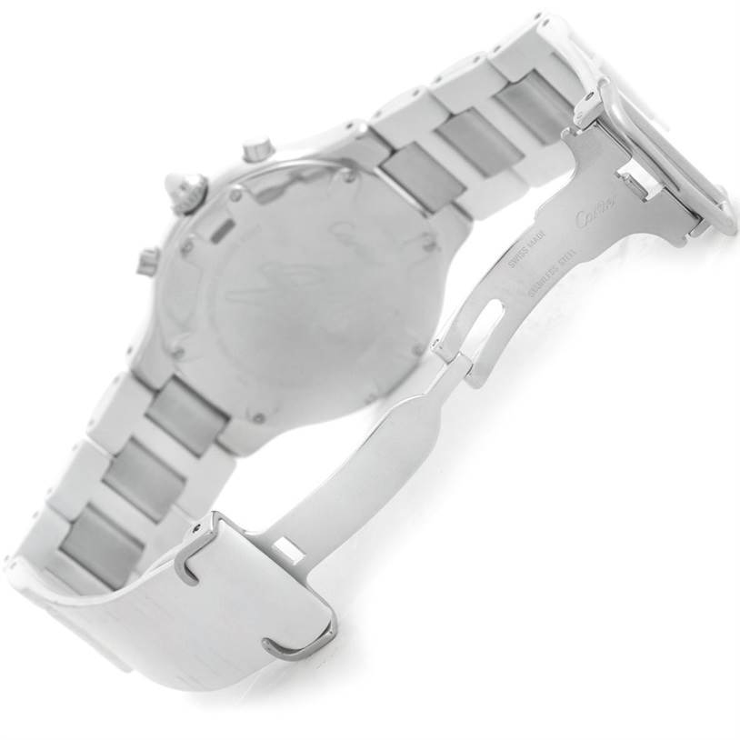 The image displays the closed back and clasp of the Cartier Must 21 Chronoscaph W10184U2 Men's Stainless Steel White Dial W10184U2 Men's Stainless Steel White Dial watch, viewed from an angled perspective.