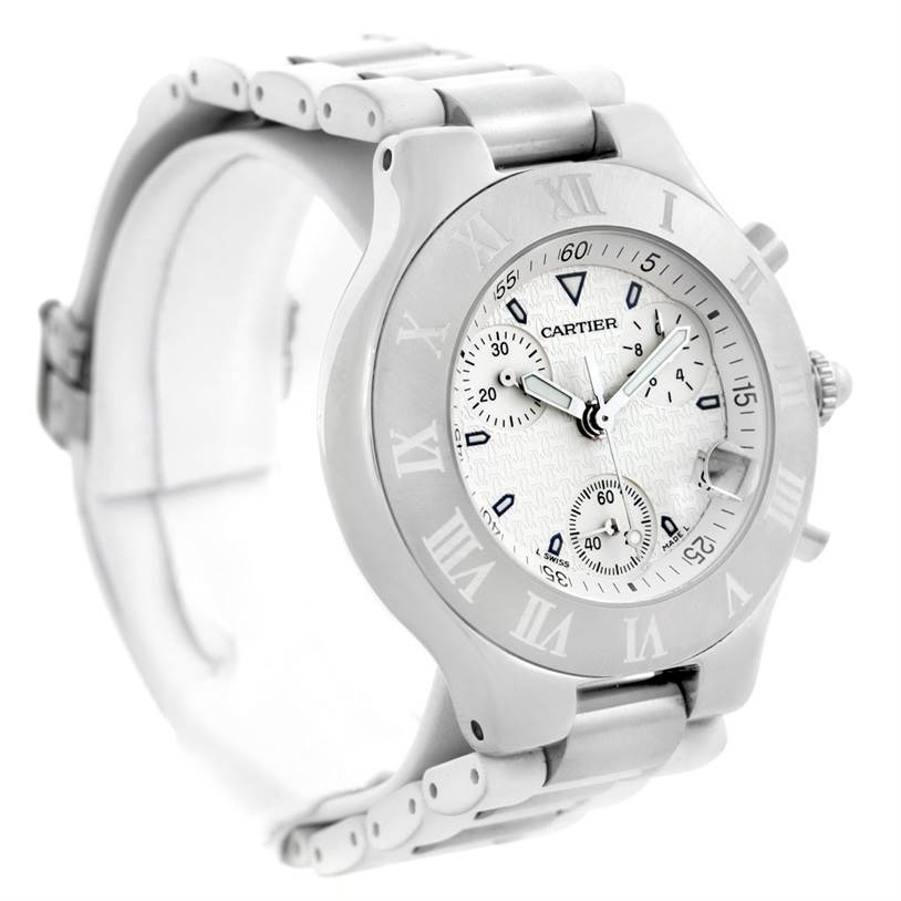 The image shows a three-quarter view of the Cartier Must 21 Chronoscaph W10184U2 Men's Stainless Steel White Dial W10184U2 Men's Stainless Steel White Dial watch, highlighting its face, bezel, crown, and band.