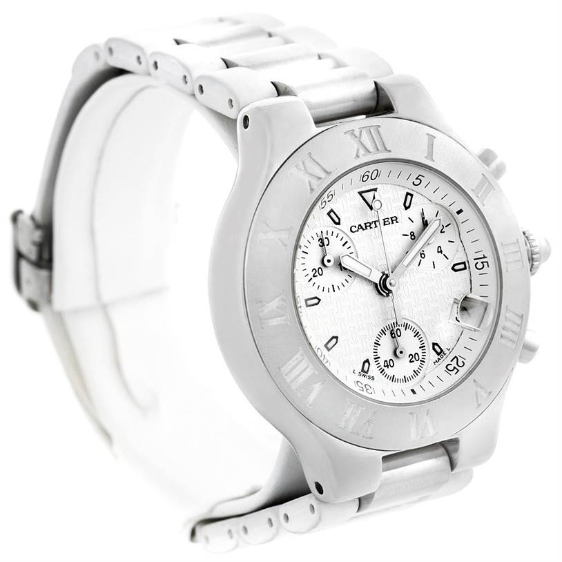 The Cartier Must 21 Chronoscaph W10184U2 Stainless Steel White Dial W10184U2 Stainless Steel White Dial watch is shown at a three-quarter angle, displaying the face, case, and part of the bracelet.