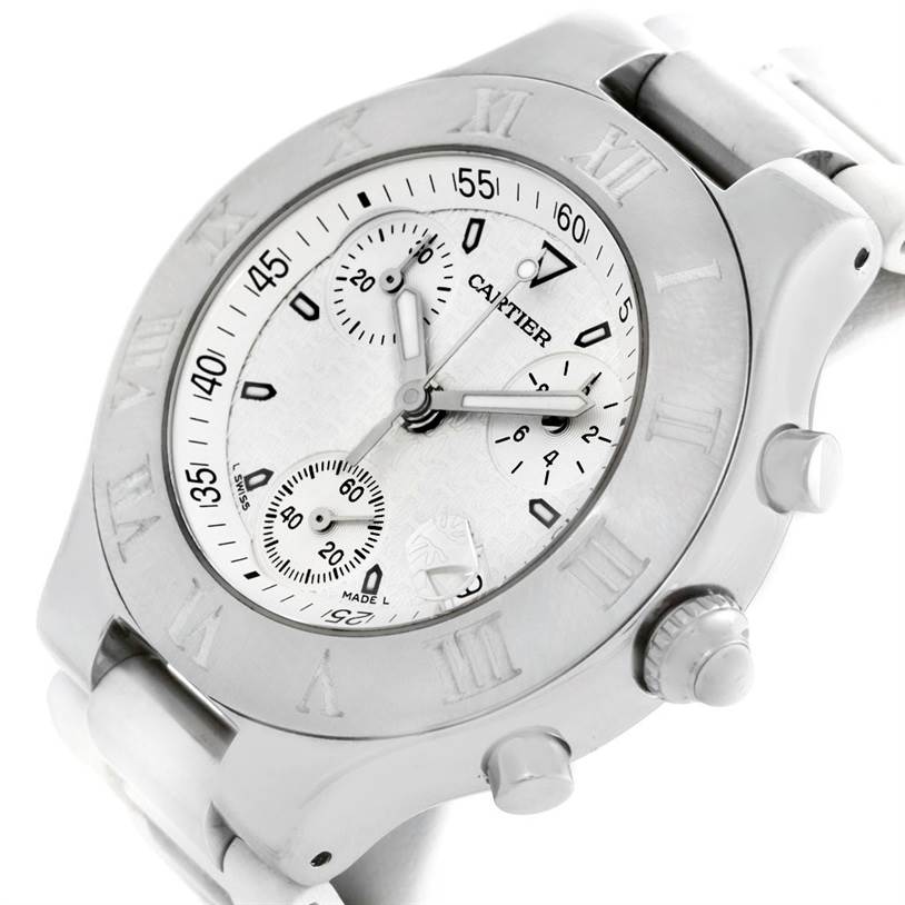 This image shows a close-up angle of the Cartier Must 21 Chronoscaph W10184U2 Stainless Steel White Dial W10184U2 Stainless Steel White Dial watch face, highlighting the dials, roman numerals, and buttons.