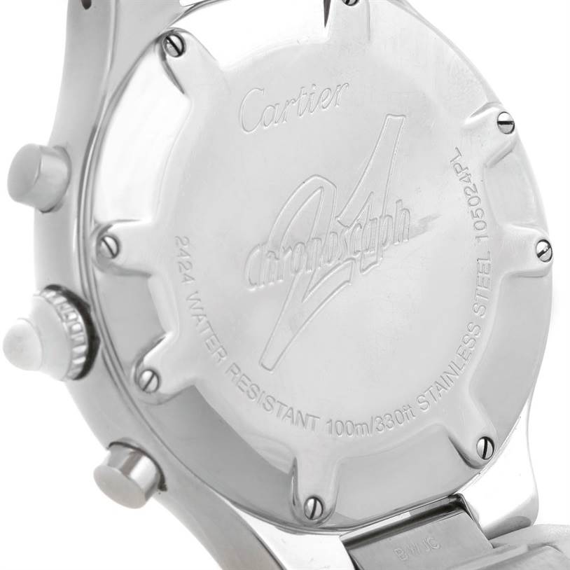 The image shows the back case of a Cartier Must 21 Chronoscaph W10184U2 Stainless Steel White Dial W10184U2 Stainless Steel White Dial watch, highlighting the screws and engraved details.