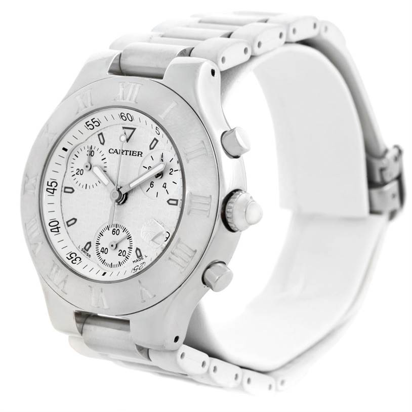 The Cartier Must 21 Chronoscaph W10184U2 Stainless Steel White Dial W10184U2 Stainless Steel White Dial watch is shown at a three-quarter angle, highlighting the face, bezel, buttons, and band.