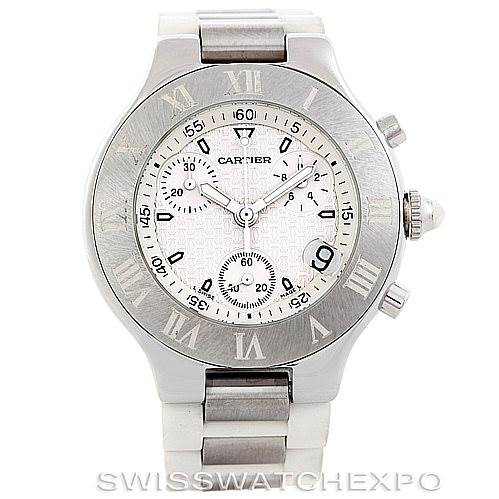 The image shows a front view of the Cartier Must 21 Chronoscaph W10184U2 Men
s Stainless Steel White Dial W10184U2 Men
s Stainless Steel White Dial watch, highlighting its dial, bezel, and bracelet.