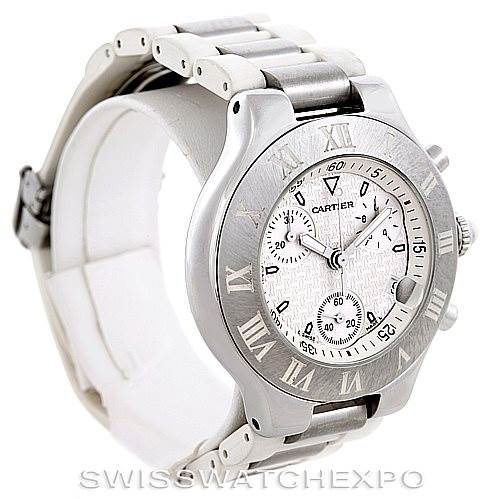 The image shows a Cartier Must 21 Chronoscaph W10184U2 Men
s Stainless Steel White Dial W10184U2 Men
s Stainless Steel White Dial watch at a three-quarter angle, highlighting its bezel, dial, and bracelet.