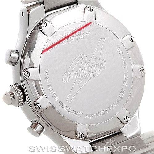 This image shows the back case of the Must 21 Chronoscaph model by Cartier, including the crown and pushers on the side.
