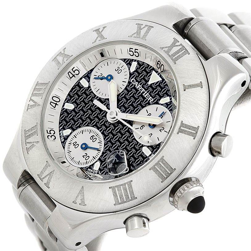 The image shows a Cartier Must 21 Chronoscaph W10172T2 Men's Stainless Steel Black Dial W10172T2 Men's Stainless Steel Black Dial watch at a slight angle, highlighting its Roman numeral bezel, subdials, and crown.