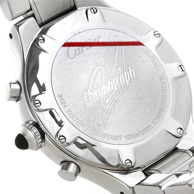 The image shows the case back and part of the bracelet of a Cartier Must 21 Chronoscaph W10172T2 Men's Stainless Steel Black Dial W10172T2 Men's Stainless Steel Black Dial watch.