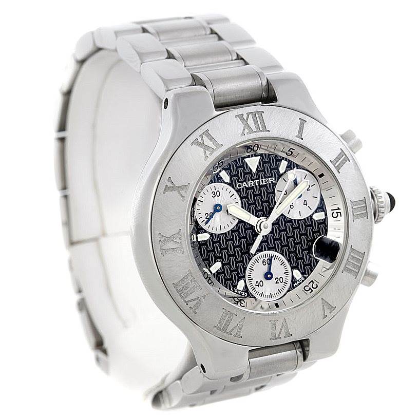 The image shows a front and slightly angled view of the Cartier Must 21 Chronoscaph W10172T2 Men's Stainless Steel Black Dial W10172T2 Men's Stainless Steel Black Dial watch, highlighting its dial, case, and bracelet.