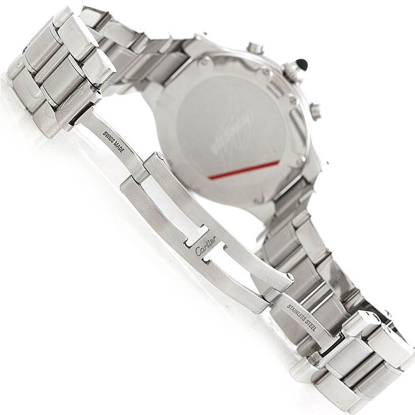 The image shows the back and clasp of a Cartier Must 21 Chronoscaph W10172T2 Men's Stainless Steel Black Dial W10172T2 Men's Stainless Steel Black Dial watch, highlighting the stainless steel band and clasp mechanism.