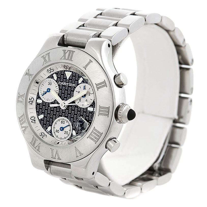 The image shows a Cartier Must 21 Chronoscaph W10172T2 Men's Stainless Steel Black Dial W10172T2 Men's Stainless Steel Black Dial watch from a three-quarters angle, highlighting the face, bezel, side buttons, and bracelet.