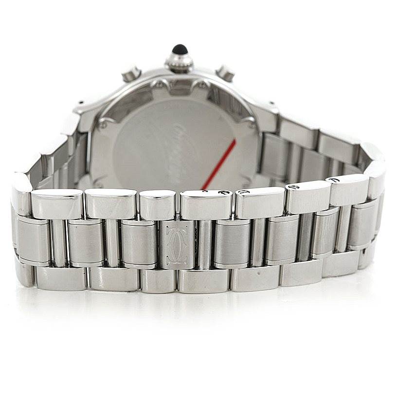 The image shows the back of a Cartier Must 21 Chronoscaph W10172T2 Men's Stainless Steel Black Dial W10172T2 Men's Stainless Steel Black Dial watch, highlighting the stainless steel bracelet and case back.