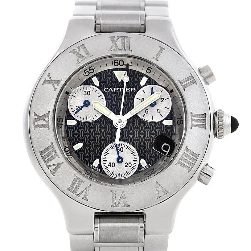 The image shows a head-on view of a Cartier Must 21 Chronoscaph W10172T2 Men's Stainless Steel Black Dial W10172T2 Men's Stainless Steel Black Dial watch, highlighting the face, bezel, and part of the bracelet.