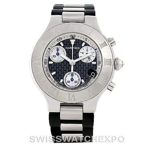 The image shows a front view of the Cartier Must 21 Chronoscaph W10125U2 Men's Stainless Steel Black Dial W10125U2 Men's Stainless Steel Black Dial watch, displaying its face, bezel, and bracelet.