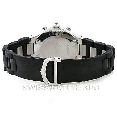 The image shows the back view of the Cartier Must 21 Chronoscaph W10125U2 Men's Stainless Steel Black Dial W10125U2 Men's Stainless Steel Black Dial, highlighting the case back and a portion of the black rubber strap with a metal buckle.