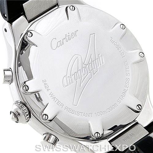 The image shows the back casing of a Cartier Must 21 Chronoscaph W10125U2 Men's Stainless Steel Black Dial W10125U2 Men's Stainless Steel Black Dial model watch, highlighting the engravings and part of the strap.