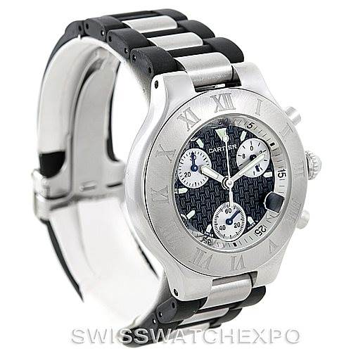 The image shows a Cartier Must 21 Chronoscaph W10125U2 Men's Stainless Steel Black Dial W10125U2 Men's Stainless Steel Black Dial watch at a three-quarter angle, displaying its face, bezel, and bracelet.