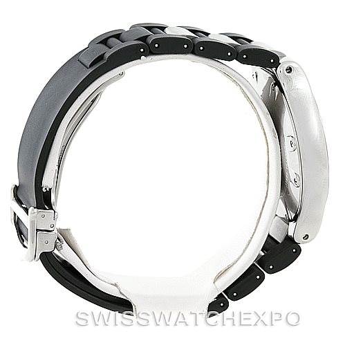 The Cartier Must 21 Chronoscaph W10125U2 Men's Stainless Steel Black Dial W10125U2 Men's Stainless Steel Black Dial watch is shown from a side view, highlighting its band and case profile.