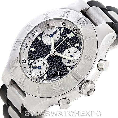 This Cartier Must 21 Chronoscaph W10125U2 Men's Stainless Steel Black Dial W10125U2 Men's Stainless Steel Black Dial watch is shown at an angled front view, highlighting the face, bezel, and part of the band.