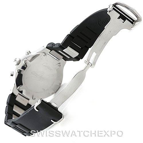 The image shows a Must 21 Chronoscaph model by Cartier from the back and side, focusing on the open black strap and clasp.