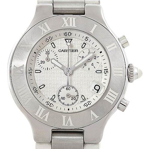 The image displays a front view of the Cartier Must 21 Chronoscaph W10184U2 Men's Stainless Steel White Dial W10184U2 Men's Stainless Steel White Dial watch, showing its dial, bezel, and chronograph subdials.