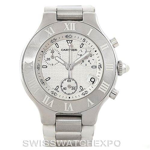 The image shows a frontal view of the Cartier Must 21 Chronoscaph W10184U2 Men's Stainless Steel White Dial W10184U2 Men's Stainless Steel White Dial watch displaying its face, bezel with Roman numerals, and stainless steel bracelet.