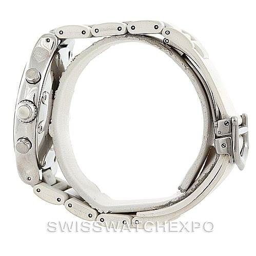 The Cartier Must 21 Chronoscaph W10184U2 Men's Stainless Steel White Dial W10184U2 Men's Stainless Steel White Dial watch is shown from a side angle, highlighting its metal bracelet and three chronograph pushers.