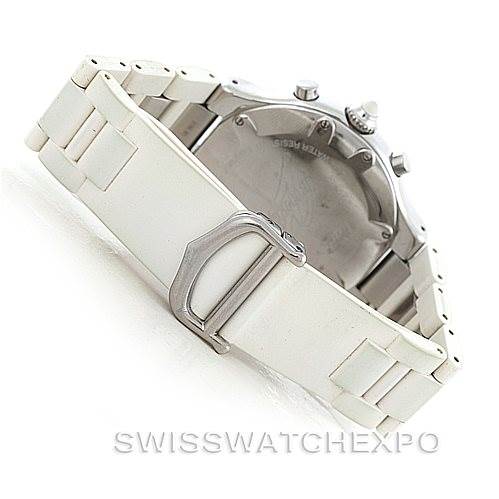 This image shows the back side of the Cartier Must 21 Chronoscaph W10184U2 Men's Stainless Steel White Dial W10184U2 Men's Stainless Steel White Dial watch, focusing on the clasp, bracelet, and case back.