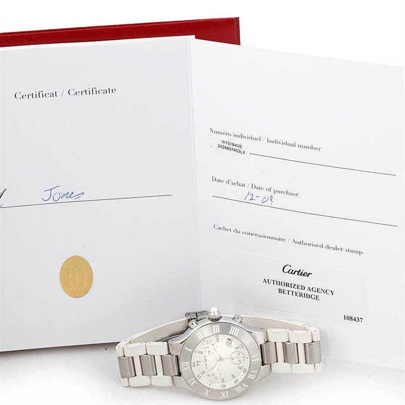 The Cartier Must 21 Chronoscaph W10184U2 Men
s Stainless Steel White Dial W10184U2 Men
s Stainless Steel White Dial watch is shown alongside its certificate and purchase details, viewed from the front.