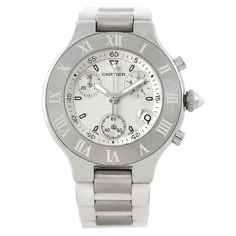 This image shows a front view of the Cartier Must 21 Chronoscaph W10184U2 Men
s Stainless Steel White Dial W10184U2 Men
s Stainless Steel White Dial watch, highlighting the dial, bezel, and bracelet.