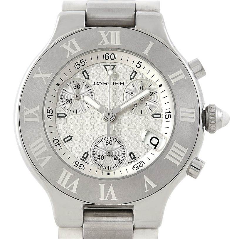 The image shows a Cartier Must 21 Chronoscaph W10184U2 Men
s Stainless Steel White Dial W10184U2 Men
s Stainless Steel White Dial model watch from a front angle, highlighting the dial and bezel.