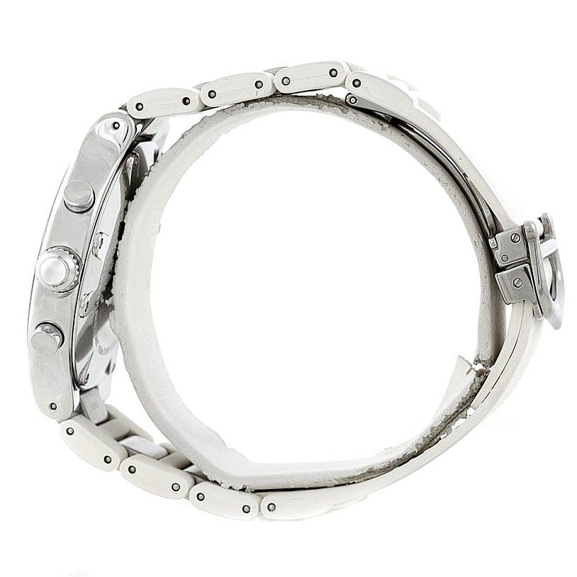 The image shows a side view of the Cartier Must 21 Chronoscaph W10184U2 Men
s Stainless Steel White Dial W10184U2 Men
s Stainless Steel White Dial watch, highlighting its buttons and bracelet.