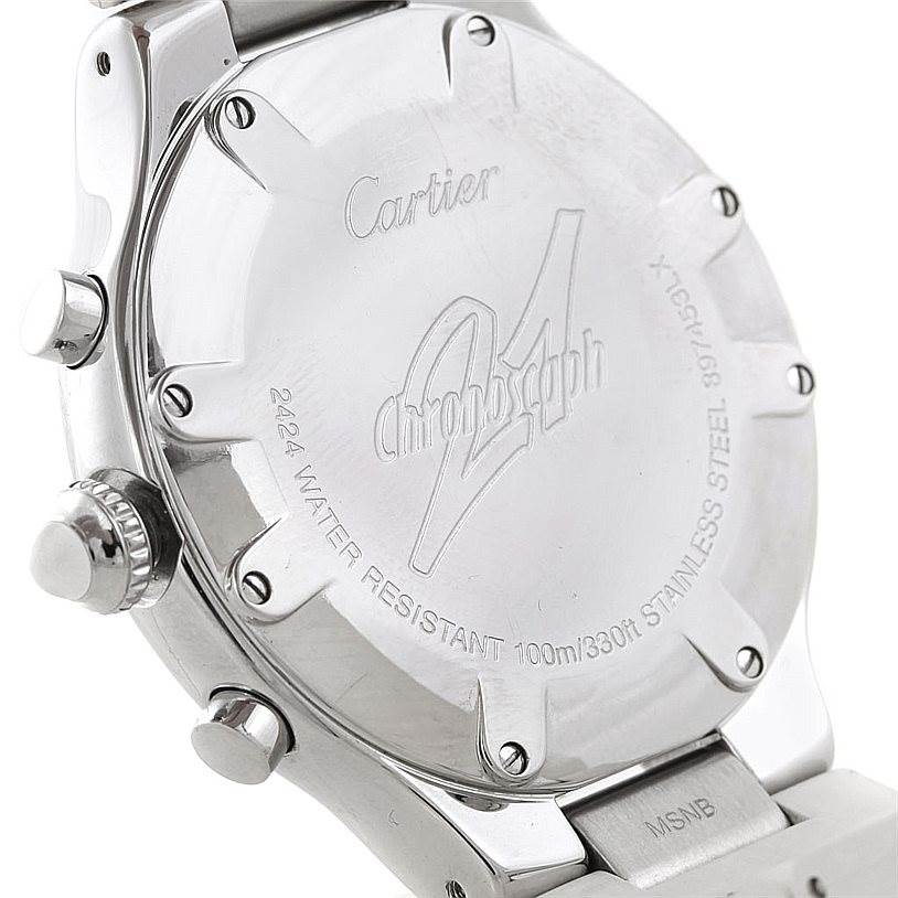 This image shows the case back and side buttons of a Cartier Must 21 Chronoscaph W10184U2 Men
s Stainless Steel White Dial W10184U2 Men
s Stainless Steel White Dial watch from an angled side view.
