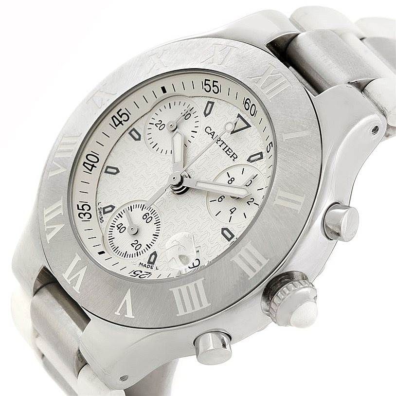 The image shows a close-up angle of the Cartier Must 21 Chronoscaph W10184U2 Men
s Stainless Steel White Dial W10184U2 Men
s Stainless Steel White Dial watch showcasing its dial, bezel, pushers, and part of the bracelet.